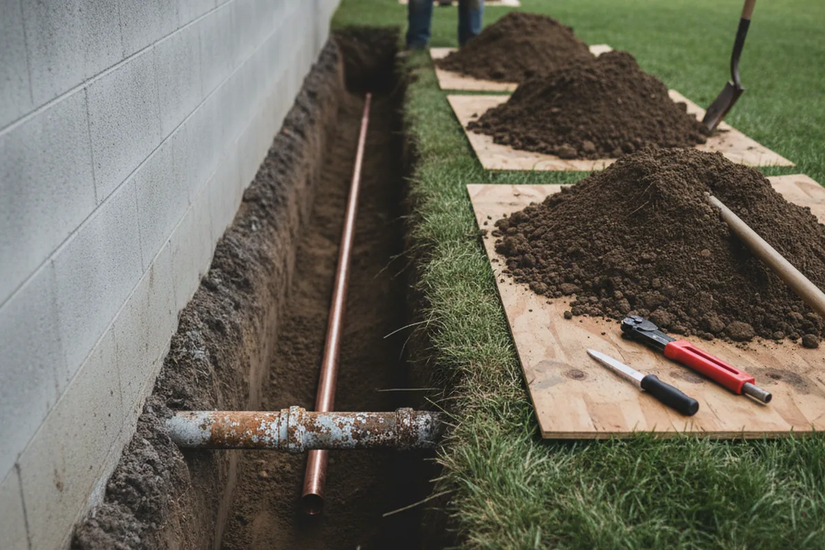 Excavated water line trench during Sewer Line Repair in South El Monte